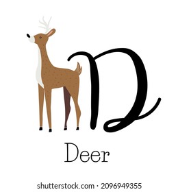 Capital letter D for Deer, with tall deer, childish alphabet with the name of the animal, hand drawn vector illustration