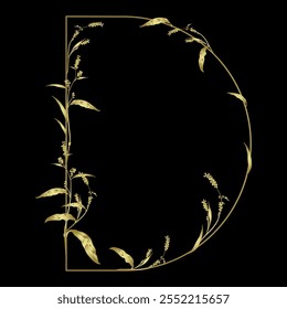 Capital letter D with floral  motifs. Botanical alphabet with herbs and wildflowers. Blooming branches of Polygonum plant. Knotweed or Smartweed flower. Golden glossy silhouette on black background.