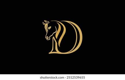 Capital Letter D with a Horse. Royal Logo. King Stallion in Jump. Racehorse Head Profile. Gold Monogram on Black Background with Border. Stylish Graphic Template Design. Tattoo. Vector illustration