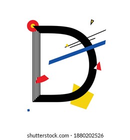 Letra mayúscula "D" compuesta por formas geométricas simples, en estilo suprematismo, inspirada en pinturas de Kazimir Malevich y Wassily Kandinsky