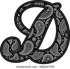letra mayúscula d con diseño paisley. Estilo bordado en color negro. Aislado sobre blanco