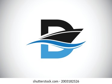 Capital letter D with the ship, cruise, or boat logo design template, Yacht icon sign symbol with ocean waves vector illustration
