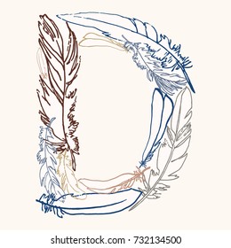 Capital letter D.  Vector hand-drawn monogram made of feathers. Feather alphabet. Perfect for posters, invitation, greeting card, webs graphics, blog, banner, logo