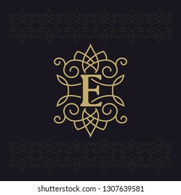 Capital letter E. Beautiful monogram. Elegant logo. Calligraphic design. Luxury emblem. Vintage ornament. Simple graphics style. Flourishes boutique brand on black background. Vector illustration