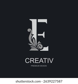 Capital Letter E with floral decorative element. Elegant monogram in silver on dark background. Perfect for logo, branding, boutique label, premium product design. Vector illustration.
