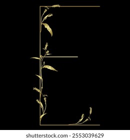 Capital letter E with floral  motifs. Botanical alphabet with herbs and wildflowers. Blooming branches of Polygonum plant. Knotweed or Smartweed flower. Golden glossy silhouette on black background.