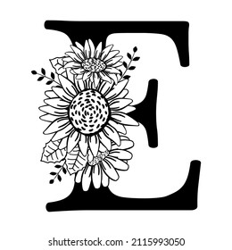 Capital letter E with flowers. Monogram, signature, title, screen caption. Black outline drawing. Vector illustration isolated on white background. Family logo, sign. Floral design, name initials.