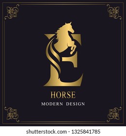 Capital Letter E with a Horse. Royal Logo. King Stallion in Jump. Racehorse Head Profile. Gold Monogram on Black Background with Border. Stylish Graphic Template Design. Tattoo. Vector illustration