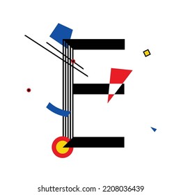 Letra mayúscula "E" compuesta de formas geométricas simples, en estilo suprematismo, inspirada en pinturas de Kazimir Malevich y Wassily Kandinsky