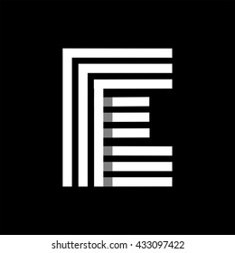 Capital letter E. Made of of three white stripes Overlapping with shadows. Logo, monogram, emblem trendy design.