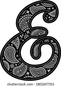 capital letter e with paisley pattern design. Embroidery style in black color. Isolated on white