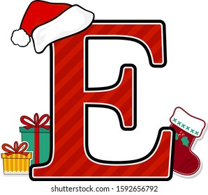 capital letter e with red santa's hat and christmas design elements isolated on white background. can be used for holiday season card, nursery decoration or christmas paty invitation