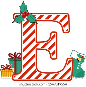 capital letter e with red and white candy cane pattern and christmas design elements isolated on white background. can be used for holiday season card, nursery decoration or christmas paty invitation