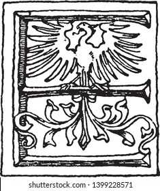 A capital letter E in Renaissance with an Eagle, vintage line drawing or engraving illustration