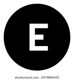 A capital letter E symbol in the center. Isolated white symbol in black circle. Vector illustration on white background