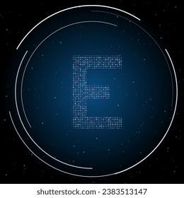 The capital letter E symbol filled with white dots. Pointillism style. Some dots is pink. Vector illustration on blue background with stars