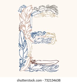 Capital letter E.  Vector hand-drawn monogram made of feathers. Feather alphabet. Perfect for posters, invitation, greeting card, webs graphics, blog, banner, logo