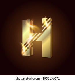 Capital letter of the English alphabet "H". Gold symbol on fire on a dark background.