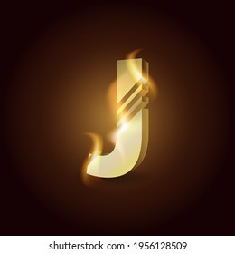Capital letter of the English alphabet "J". Gold symbol on fire on a dark background.