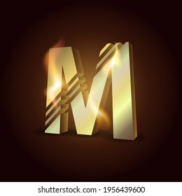 Capital letter of the English alphabet "M". Gold symbol on fire on a dark background.