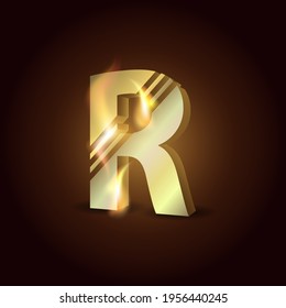Capital letter of the English alphabet "R". Gold symbol on fire on a dark background.