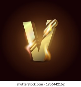Capital letter of the English alphabet "V". Gold symbol on fire on a dark background.