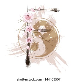 Capital Letter F in asian style with hand drawn elements.