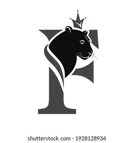 Capital Letter F with Black Panther. Royal Logo. Cougar Head Profile. Stylish Template. Tattoo. Creative Art Design. Emblem  for Brand Name, Sports Club, Printing on Clothing. Vector illustration 