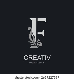Capital Letter F with floral decorative element. Elegant monogram in silver on dark background. Perfect for logo, branding, boutique label, premium product design. Vector illustration.
