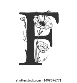 Capital letter F with floral elements isolated on white. Hand drawn monogram with flowers and leaves.