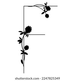 Capital letter F with floral motifs. Decorative font with blooming branches of red clover flower. Black silhouette on white background. Isolated vector illustration.