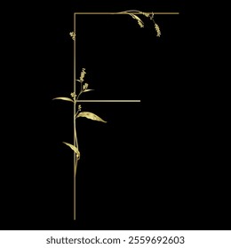 Capital letter F with floral  motifs. Botanical alphabet with herbs and wildflowers. Blooming branches of Polygonum plant. Knotweed or Smartweed flower. Golden glossy silhouette on black background.