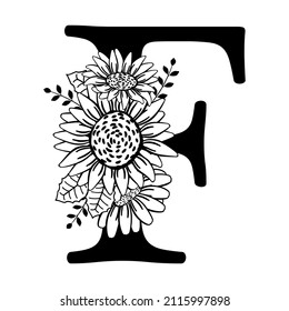 Capital letter F with flowers. Monogram, signature, title, screen caption. Black outline drawing. Vector illustration isolated on white background. Family logo, sign. Floral design, name initials.