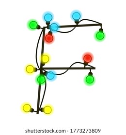 Capital letter F from garland isolated on white. Colored light bulbs on wires. Christmas handwritten font for text or logo. Vector EPS 10.
