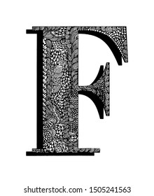 Capital letter F. Hand drawn letter of the English alphabet, decorated with original textures. Black and white vector isolated illustration.
