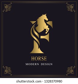 Capital Letter F with a Horse. Royal Logo. King Stallion in Jump. Racehorse Head Profile. Gold Monogram on Black Background with Border. Stylish Graphic Template Design. Tattoo. Vector illustration