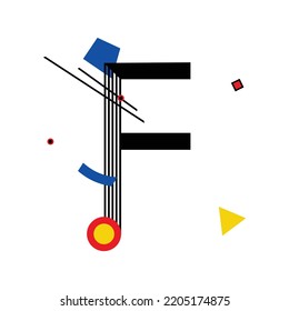 Letra mayúscula "F" compuesta por formas geométricas simples, en estilo Suprematismo, inspirada en pinturas de Kazimir Malevich y Wassily Kandinsky