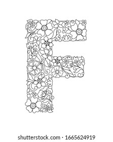 Capital letter F patterned with hand drawn doodle abstract flowers and leaves. Monochrome page anti stress adult coloring book. Vector illustration floral letters English language alphabet. EPS 10
