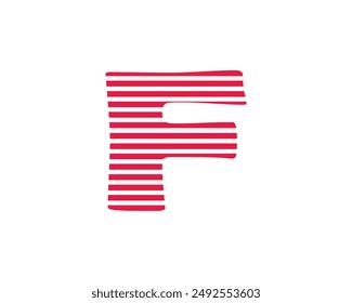 Capital letter F with red and white horizontal pattern isolated on a white background. Alphabet, art, design, graphic, education, element, illustration, kindergarten,  preschool, workbook and vector. 