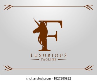 Capital Letter F with a Unicorn. Royal Logo. King Stallion in Jump. Unicon Letter Icon. Stylish Graphic Template Design