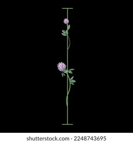 Capital letter I with floral motifs. Decorative font with blooming branches of red clover flower. On black background.