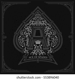 Capital letter a with floral pattern in the middle of ace of spades form. Vintage design playing card element or print white on blackboard