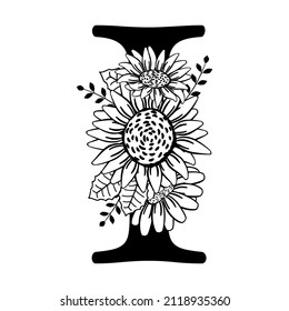 Capital letter I with flowers. Monogram, signature, title, screen caption. Black outline drawing. Vector illustration isolated on white background. Family logo, sign. Floral design, name initials