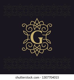 Capital letter G. Beautiful monogram. Elegant logo. Calligraphic design. Luxury emblem. Vintage ornament. Simple graphics style. Flourishes boutique brand on black background. Vector illustration