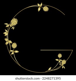 Capital letter G with floral motifs. Decorative font with blooming branches of red clover flower. Golden glossy silhouette on black background.