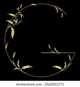 Capital letter G with floral  motifs. Botanical alphabet with herbs and wildflowers. Blooming branches of Polygonum plant. Knotweed or Smartweed flower. Golden glossy silhouette on black background.