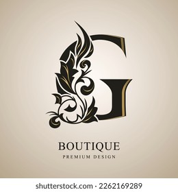 Capital Letter G. Graceful Monogram with Gold Elements. Elegant Style. Calligraphic Beautiful Logo. Vintage Emblem for Book Design, Brand Name, Business Card, Restaurant, Boutique. Vector Illustration