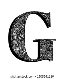 Capital letter G. Hand drawn letter of the English alphabet, decorated with original textures. Black and white vector isolated illustration.