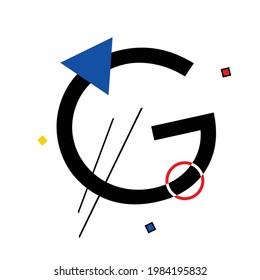 Letra mayúscula "G" compuesta por formas geométricas simples, en estilo Suprematismo, inspirada en pinturas de Kazimir Malevich y Wassily Kandinsky