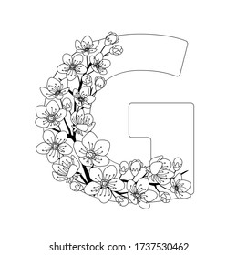 Capital letter G patterned with contour hand drawn doodle blossom cherry. Monochrome page anti stress adult coloring book. Vector illustration floral letters English language alphabet. EPS 10
